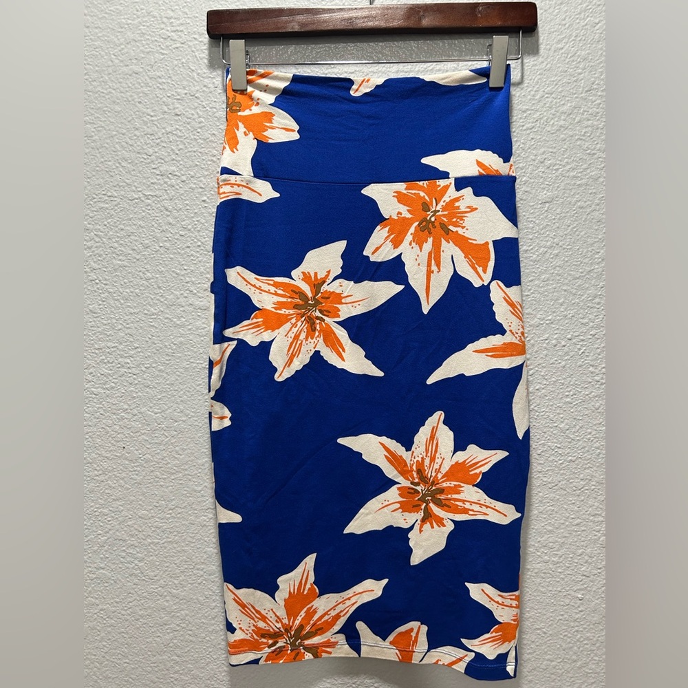 Fighting Eel Blue Floral Pencil Skirt with Orange & White Lilies